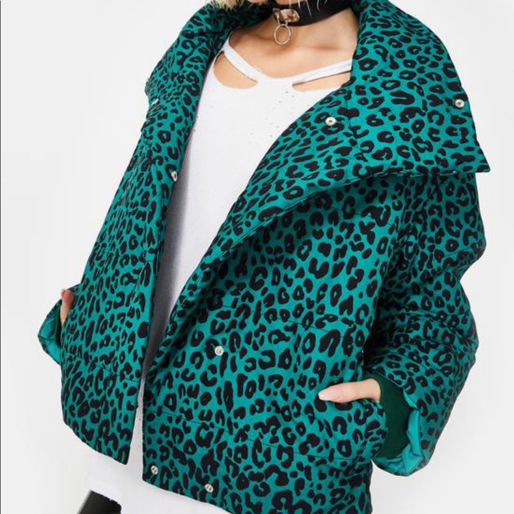 Re:named Green Cheetah print puffer jacket, size S